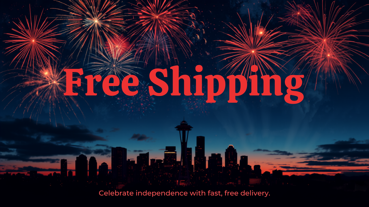 Free shipping through the 4th of July with fireworks and the Seattle skyline